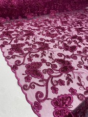 Fuchsia Butterfly Sequin Lace – 3D Embroidered Floral Mesh Couture Beaded Fabric