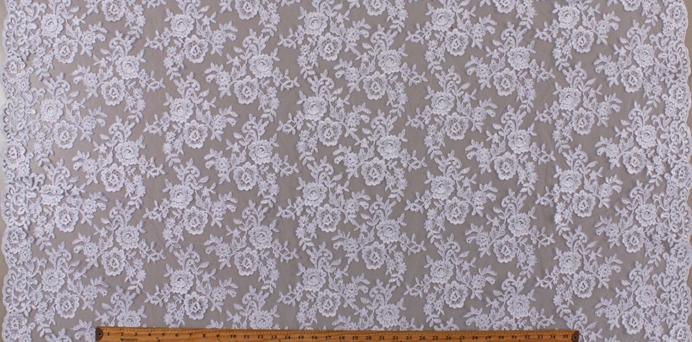 Alencon Reembroidered Bridal White Double Scalloped Edge Lace by Yard A102.03