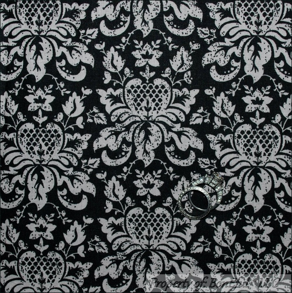 BonEful Fabric FQ Cotton Quilt VTG Black Gray Antique AH Old World Damask Flower