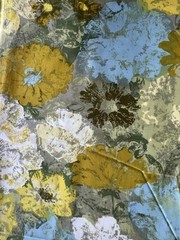 Vintage BLOOMCRAFT Screen Print Floral Blue/Yellow Fabric DuPont/Zepel Protected