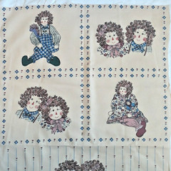 Vintage 90s Raggedy Ann & Andy Print Fabric Panel 22×35 Folk Art Cottage Country