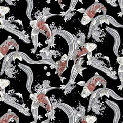 Japanese-Cosmo Stylized Koi, Mt. Fuji & Grt Wave – SP3700-2E-Black-By Half Yard