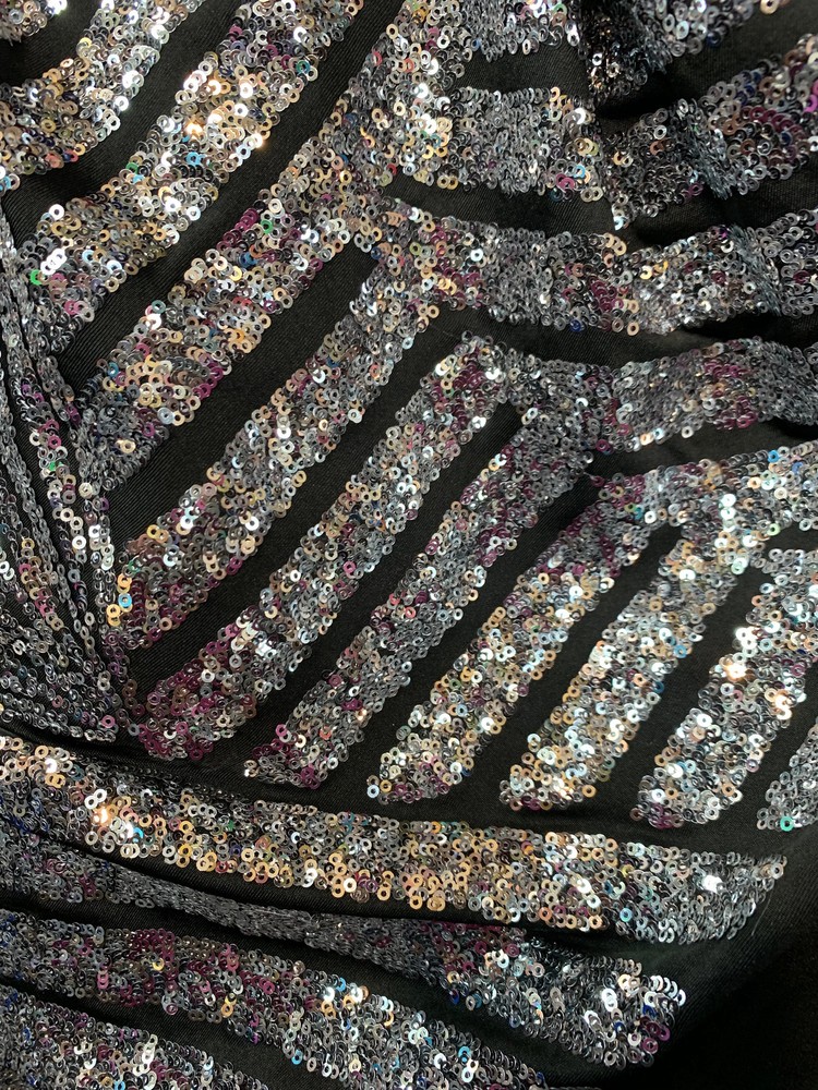 Thea IRIDESCENT SILVER Geometric Sequins Diamond & Stripes on BLACK Poly Spande