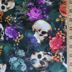 ‘Dreadful Delights’ Skulls & Roses on Dark Green from Kaufman – Quilts/Garments