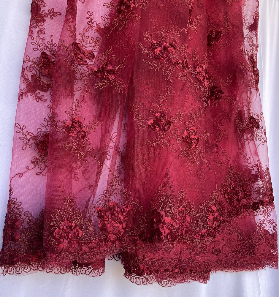 Dark Red Mesh Scalloped Lace French design embroidery Fabric W/ Mini 3D Flowers
