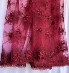 Dark Red Mesh Scalloped Lace French design embroidery Fabric W/ Mini 3D Flowers