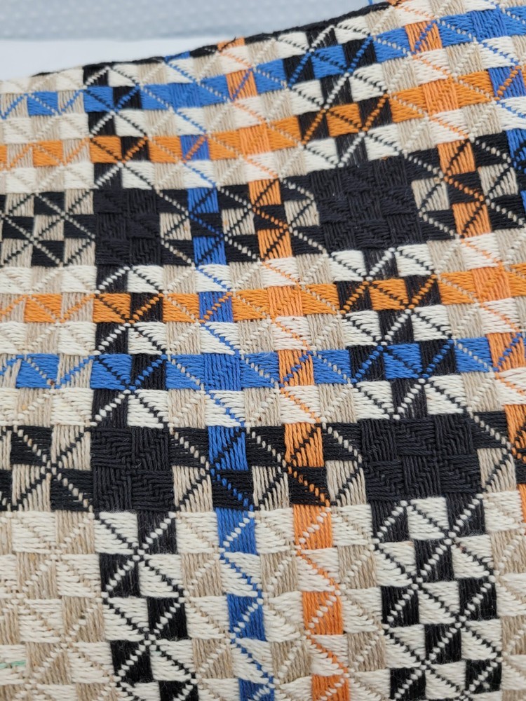 Vtg Jacquard Woven Fabric 47″ X 109″ Plaid Orange Black Blue White Tan Retro