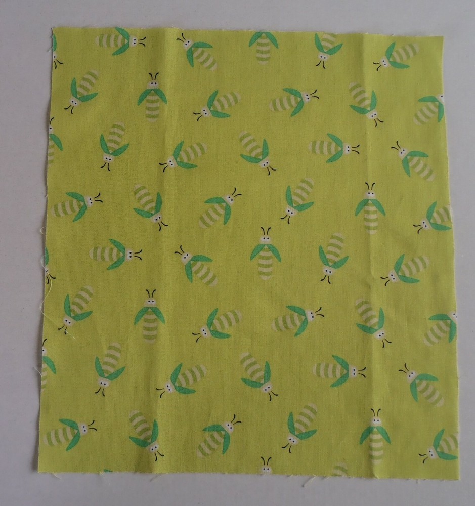 Fabric Cotton Panel Square 11 1/2″ x 10 1/2″ Green Beetles Bees on Light Green
