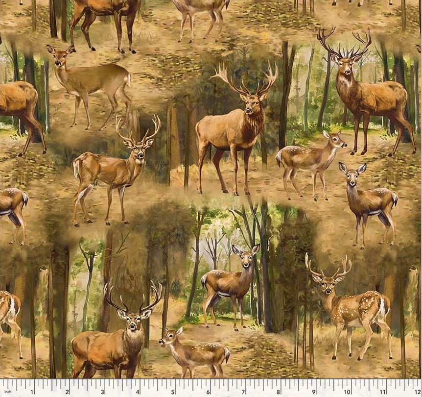 Cotton Wild Animals Elk Deer Woods Fawns Wildlife Fabric Print by Yard D606.25