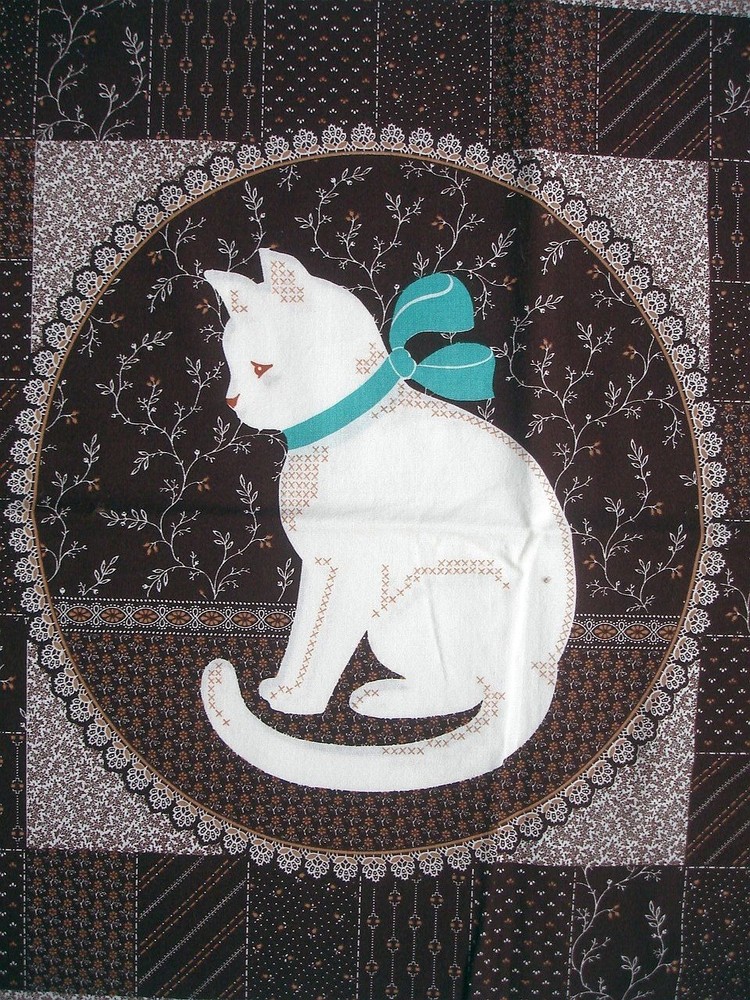 Cranston Cotton Fabric Pillow Panel White Cat w/ Teal Bow Brown Patchwork 17″
