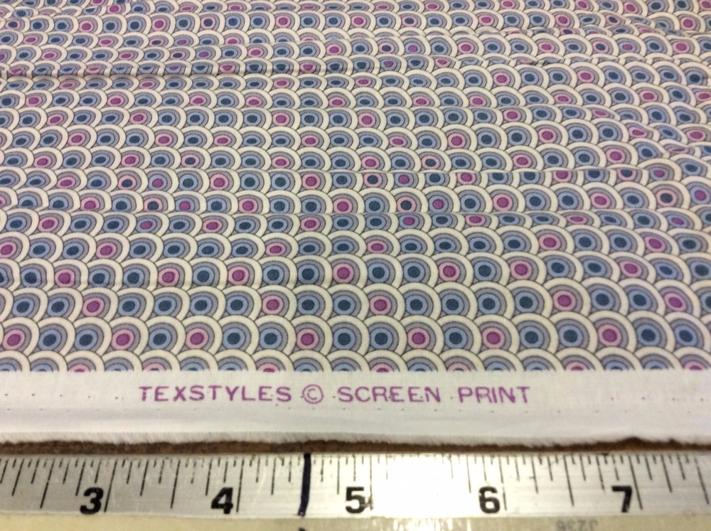 CIRCLES IN GRAY, BLUE & PINK COTTON BY TEXSTYLES SCREEN PRINT- 1 3/8 YARDS