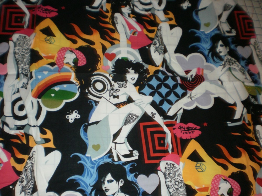 Alexander Henry Fabric Inked 2006 Tattoo Pinup Girls Groovy Retro 33″ L x 43″ W