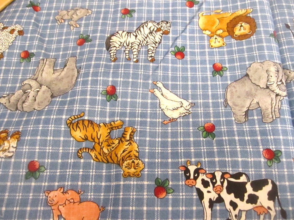 Cotton Fabric Farm Animals On Blue and White Gingham Checked Print 17″ x 44″