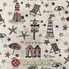 XL SCRAP 17×22″ (FAT QTR) American Beach Day FABRIC Lighthouses Cabanas Starfish