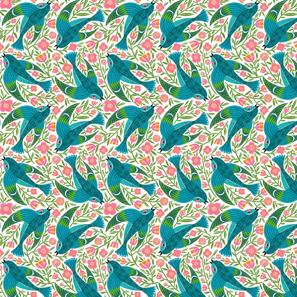 FREE SPIRIT – What the Birds said by Cori Dantini – Blue Birdy – White ,1/4 yard
