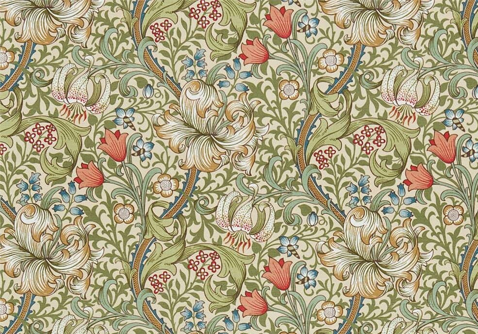 WILLIAM MORRIS CURTAIN FABRIC DESIGN Golden Lily 2.1 MTRS GREEN/GOLD LINEN UNION