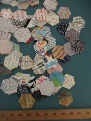 Quilt Block Fabric Basted 1″ Hexagons Lot of 211 All Print Words for EPP Crafts