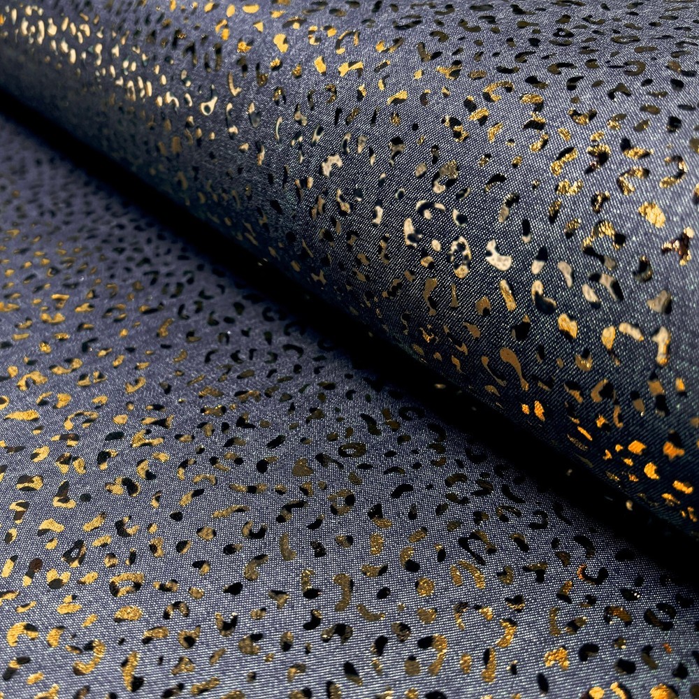 1m x 1.48m Jeans Fabric Foil Print Dark Blue Leopard Print Gold