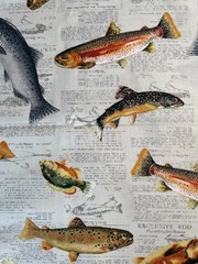 Fabric OOP Fish on Newspaper Exclusively JoAnn Cabin Fishing Cotton 36 L x 44″ W