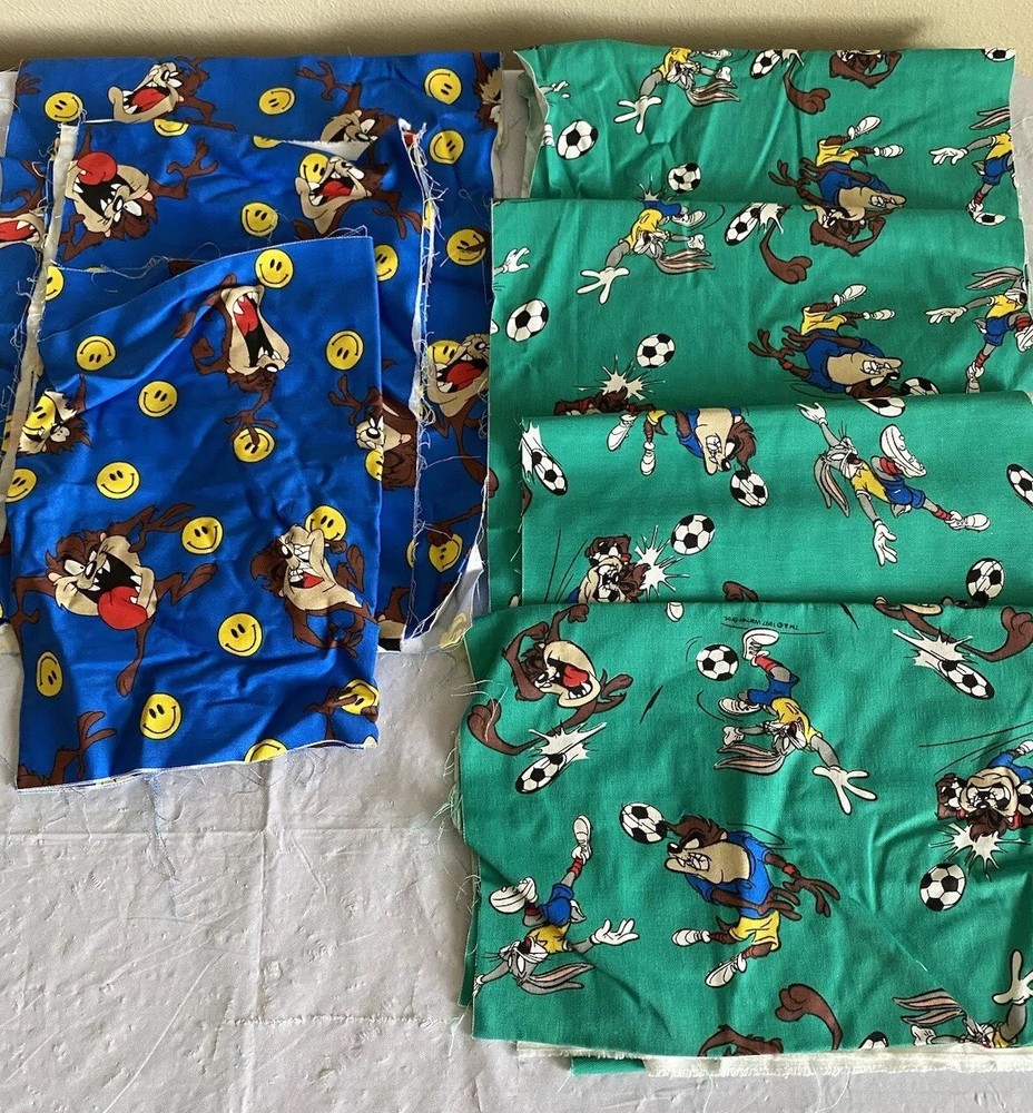 Vtg Warner Brothers Soccer Taz Bugs Looney Tunes Fabric 7 Pieces Blue & Green