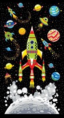 23″ Fabric Panel | Henry Glass Blast Off Space Rocket Planet Scene Black