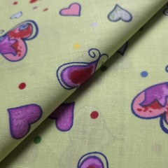 Playful Multicolor Heart Print Green Poly Cotton Fabric 58″ By The Yard
