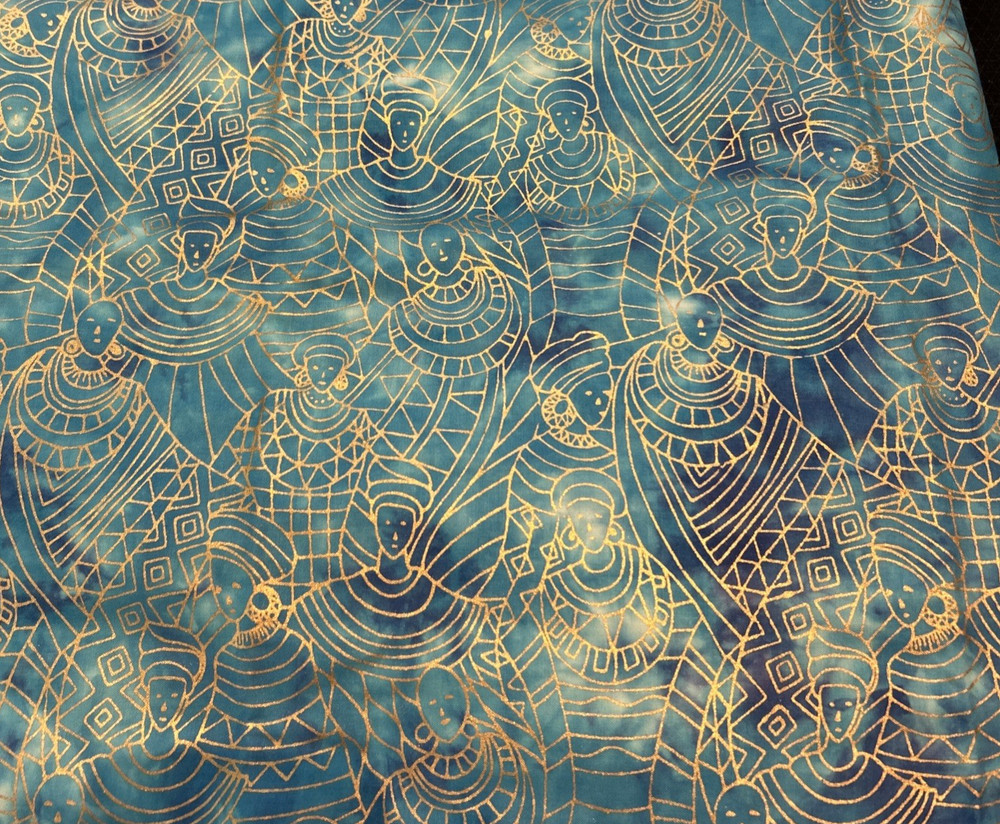 Cotton Quilting Fabric Tribal Print Batik Blue Goddess Gold Outline 3.3 Yd