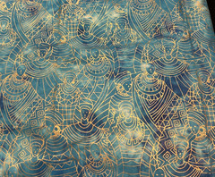 Cotton Quilting Fabric Tribal Print Batik Blue Goddess Gold Outline 3.3 Yd