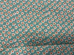 Vtg Calico Tiny White/Yellow/Orange Flowers On Green Fabric 1 Yard X 44in
