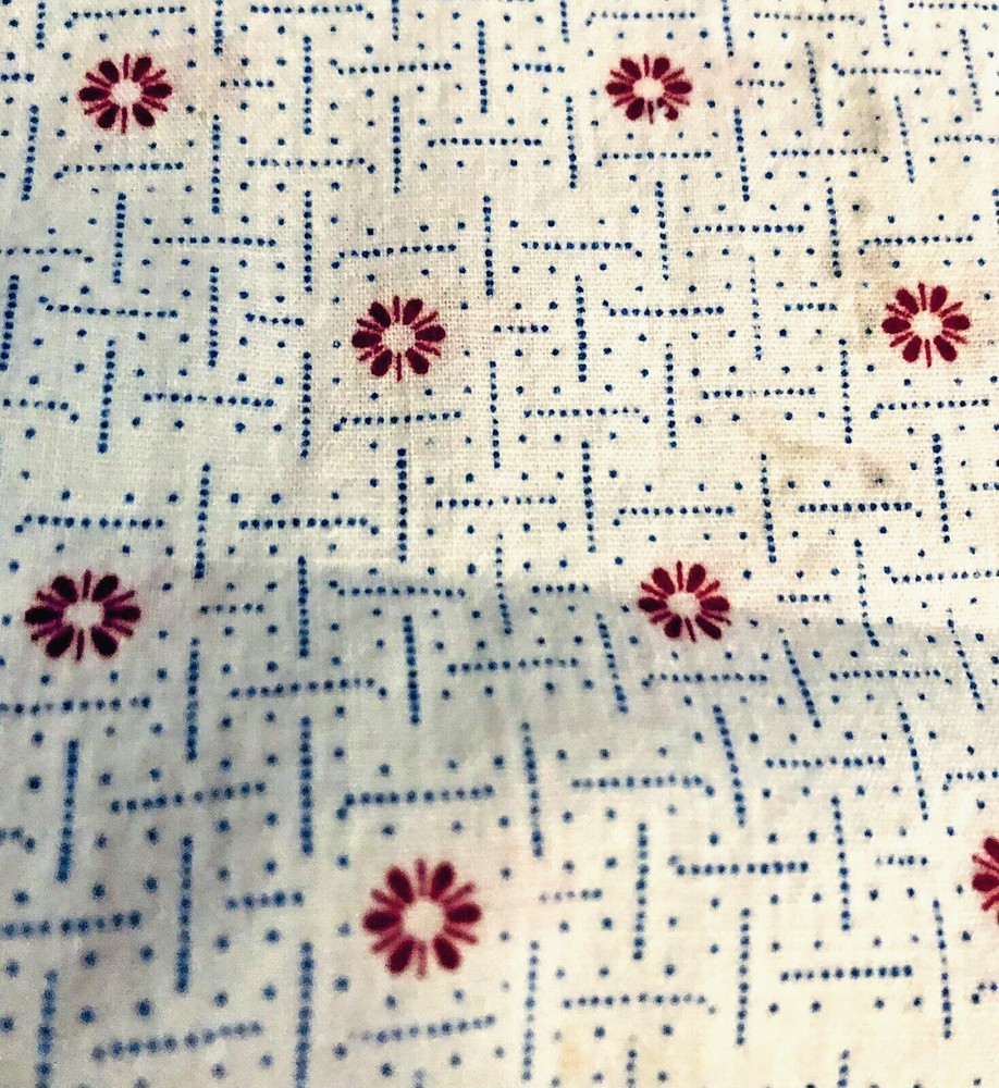 VTG Blue Dots in a Grid Pattern & Red Floral on Soft White Cotton BTFQ