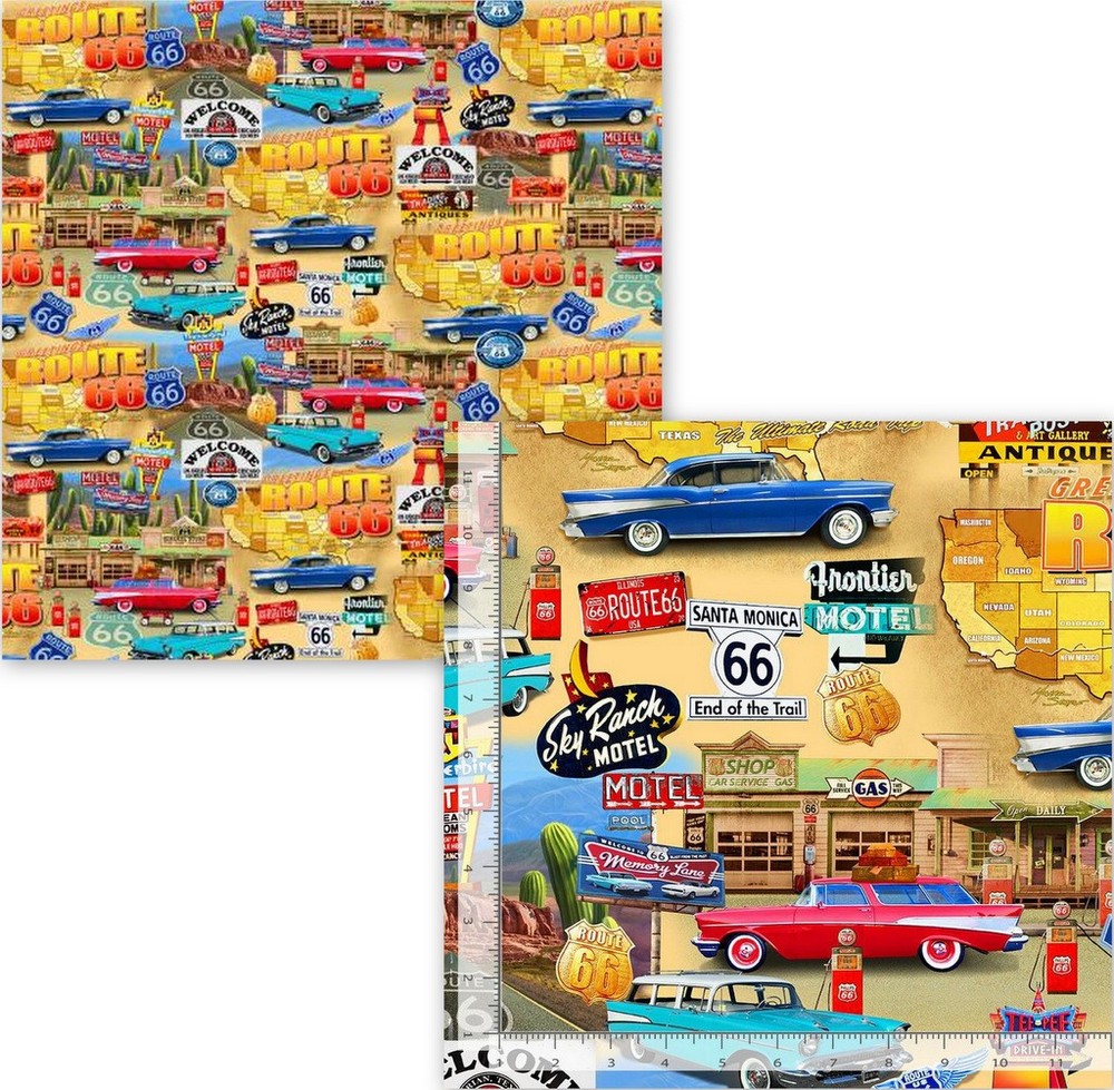 USA Route 66 Collage Fabric By Yard Travel Cotton Timeless Treasures CD3058