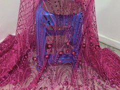 Fuchsia Pink Beaded Sequins Embroidery Bridal Lace Fabric 50” Width By The Yard