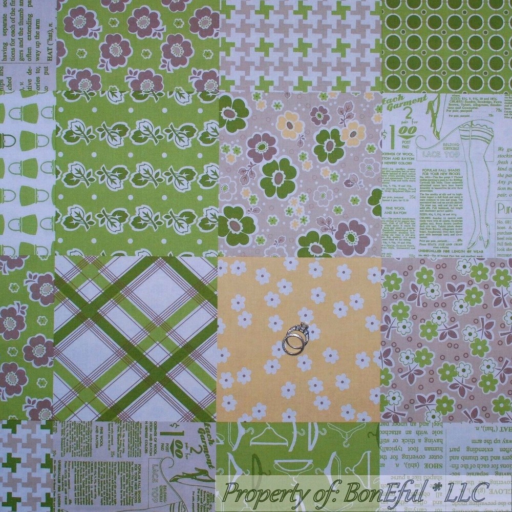 BonEful Fabric FQ Cotton Quilt Block Green White Brown Yellow Flower Shabby Chic