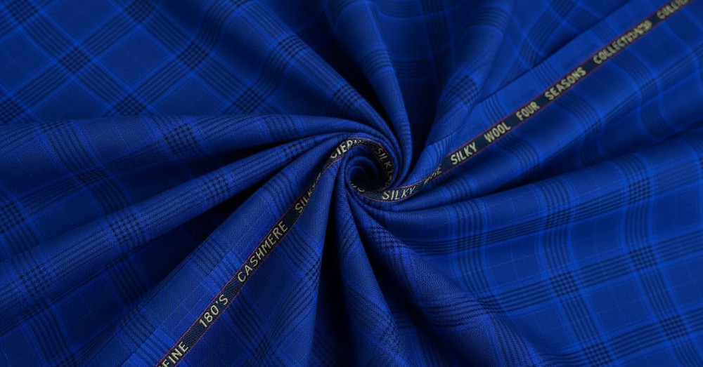 Blue Windowpane Checked Plaid Suiting Fabric Cashmere Wool
