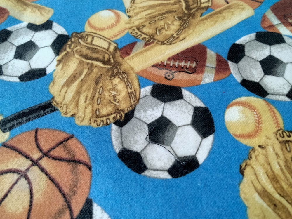 Sports Themed Cotton Blue Flannel Fabric 2.5 Yards Boy Baby Balls Bats Gloves