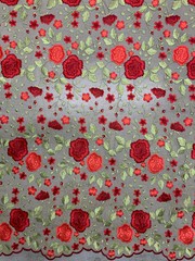 Iris RED Floral and Leaves Embroidery on NUDE Mesh Lace Fabric by the Yard – 10