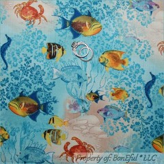 BonEful Fabric FQ Cotton Quilt Aqua Blue Water Ocean Sea*Horse FISH Flower Crab