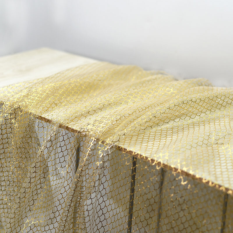 Gold Print Fish Scale Mesh Fabric Costume Clothes Dress Curtain Background Decor