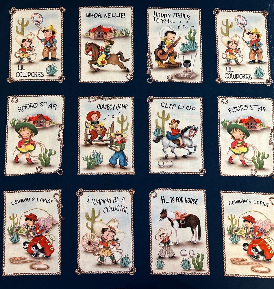 PANEL HAPPY TRAILS LIL COWHANDS BLOCKS BY MICHAEL MILLER COWBOYS FABRIC 22″X44″