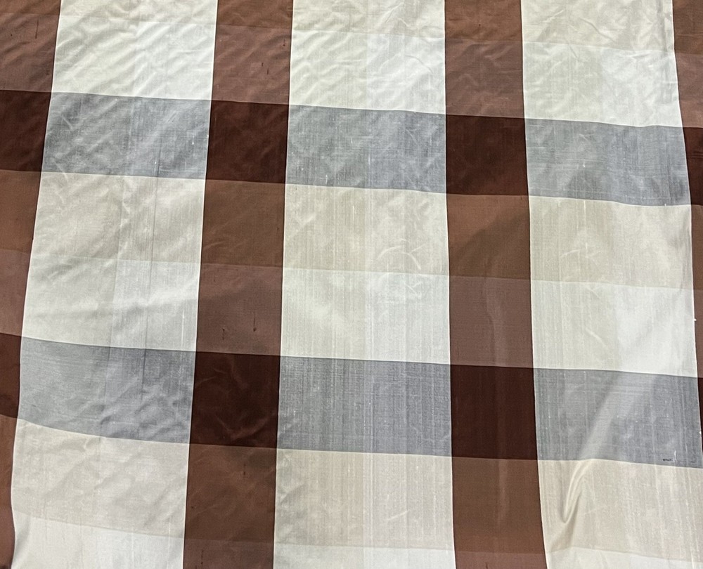 Ivory Brown Gray Plaid 100% silk dupioni fabric 54” wide Sold By The Yard
