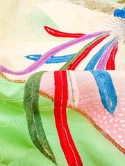 Vintage Japanese Furisode kiomono fabric silk 63” X 14” Multicolor Floral v308