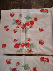 Vintage cotton print fabric strawberries on white curtains 36″x 15″ each
