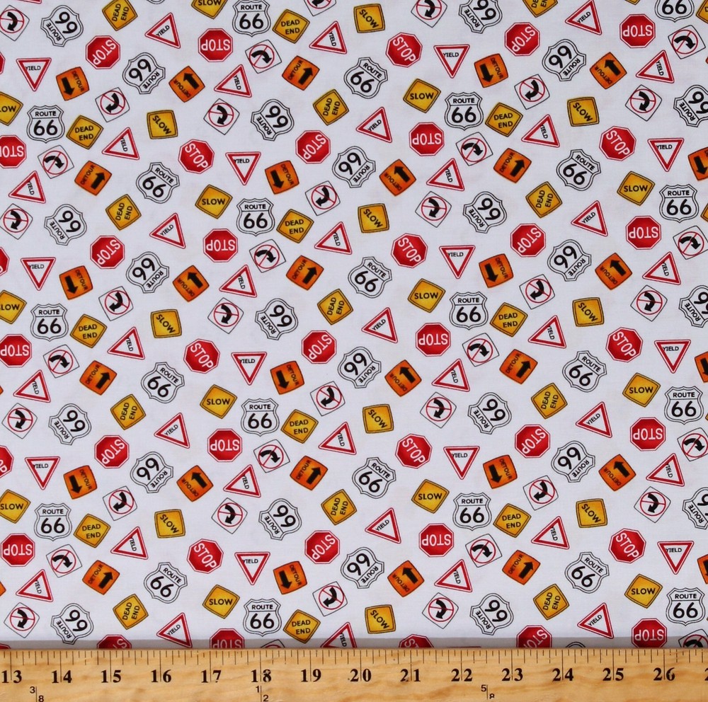 Cotton Route 66 Road Signs Stop Yield Fabric Print by the Yard D476.44
