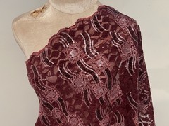 1.5 Yard Burgundy Silver Velvet Sequins Embroidered Lace Fabric 50” Width