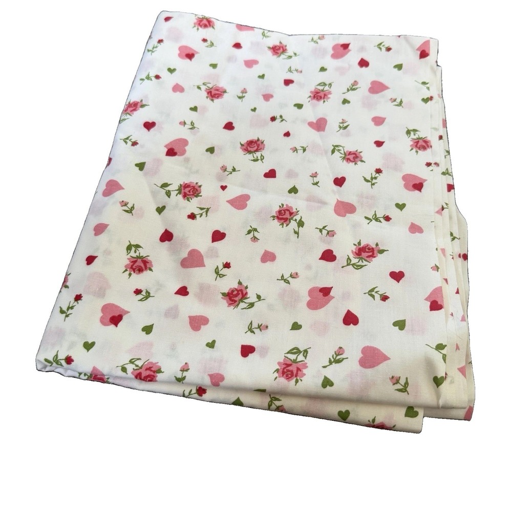 Vintage Fabric 2 + yards white pink hearts red roses Cottage Core Coquette Girly