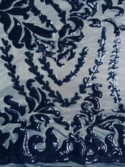 Miranda NAVY BLUE Vines and Leaves Sequins on NAVY Mesh Lace Fabric by the Yard