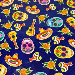 Skulls Navy Blue Oilcloth Fabric By The Roll (12 Yards)