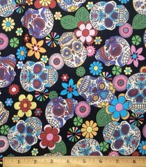 Day of the Dead Sugar Skull Cotton Fabric – Black Floral Print – 44” W X 30” L