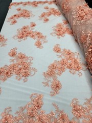 Peach Floral 3D Beaded French Embroidered Handmade Mesh 3D Lace Fabric By Yard