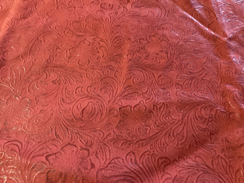 Faux Leather Red Floral Embossed Cowboy Vinyl Western Tooled Upholstery Remanant